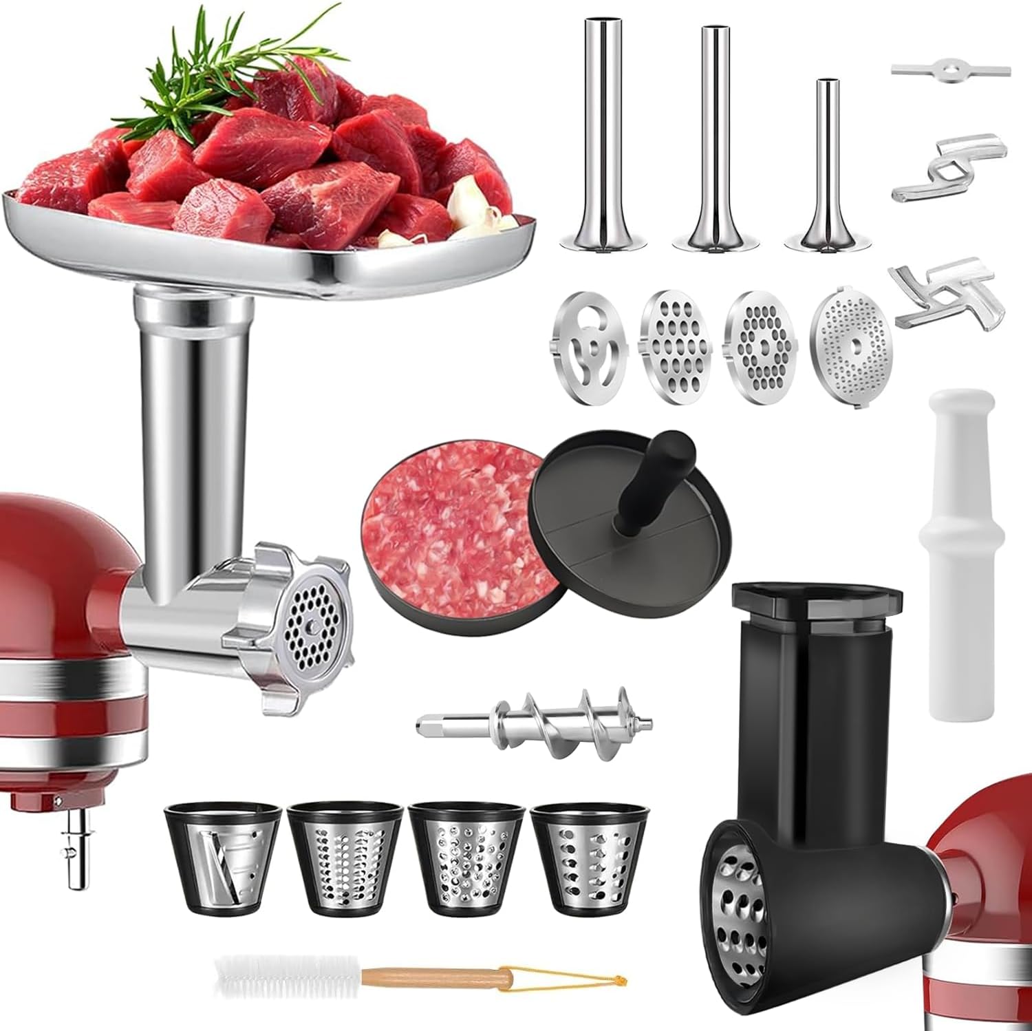 Meat Grinder Attachment for Kitchenaid Stand Mixer with 4 Grinding Plates, Cheese Grater Attachment with 3 Metal Sausage Stuffer Tubes, Salad Maker, Burger Press & 3 Blades E734847