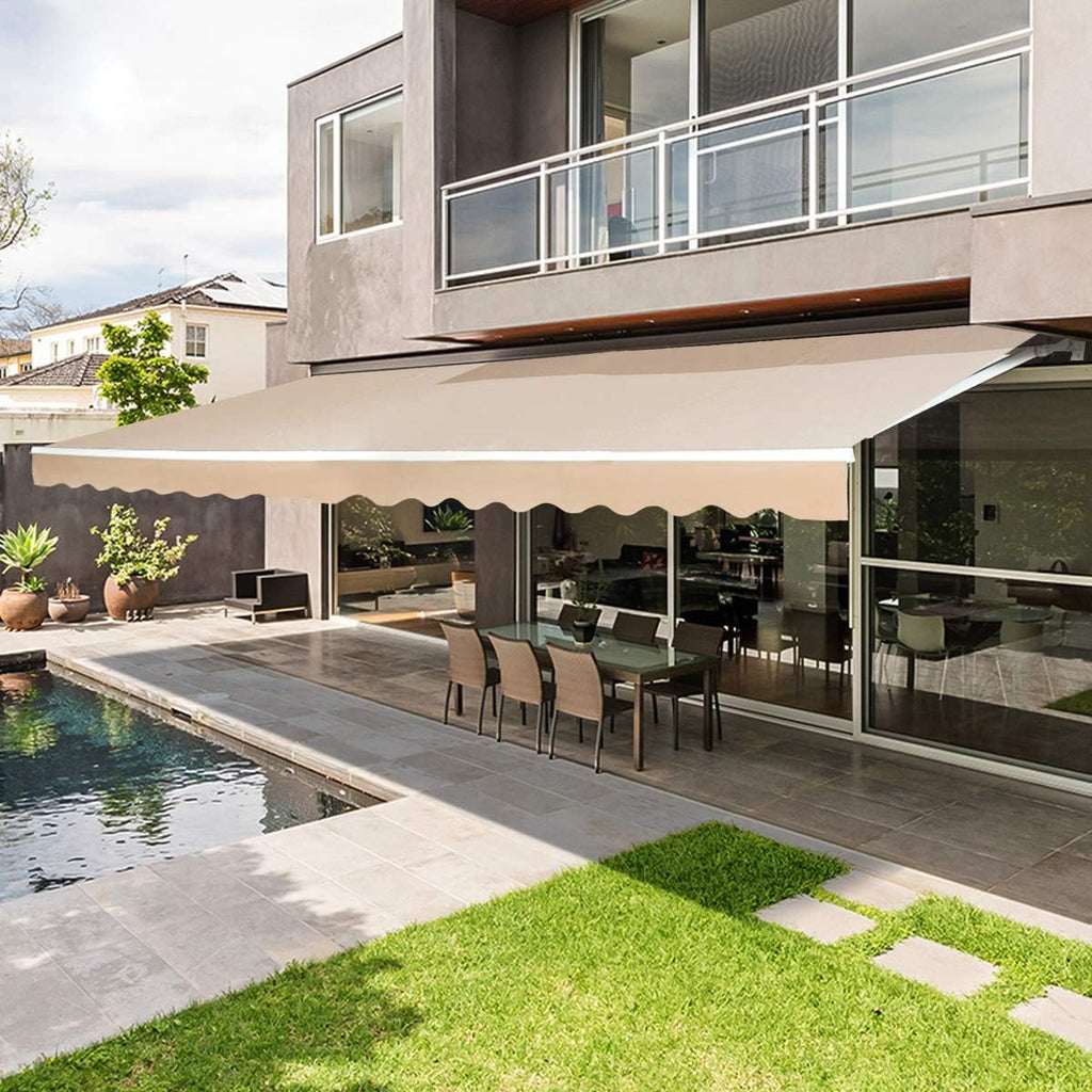Beige Retractable Patio Awning with Manual Crank Handle O71820