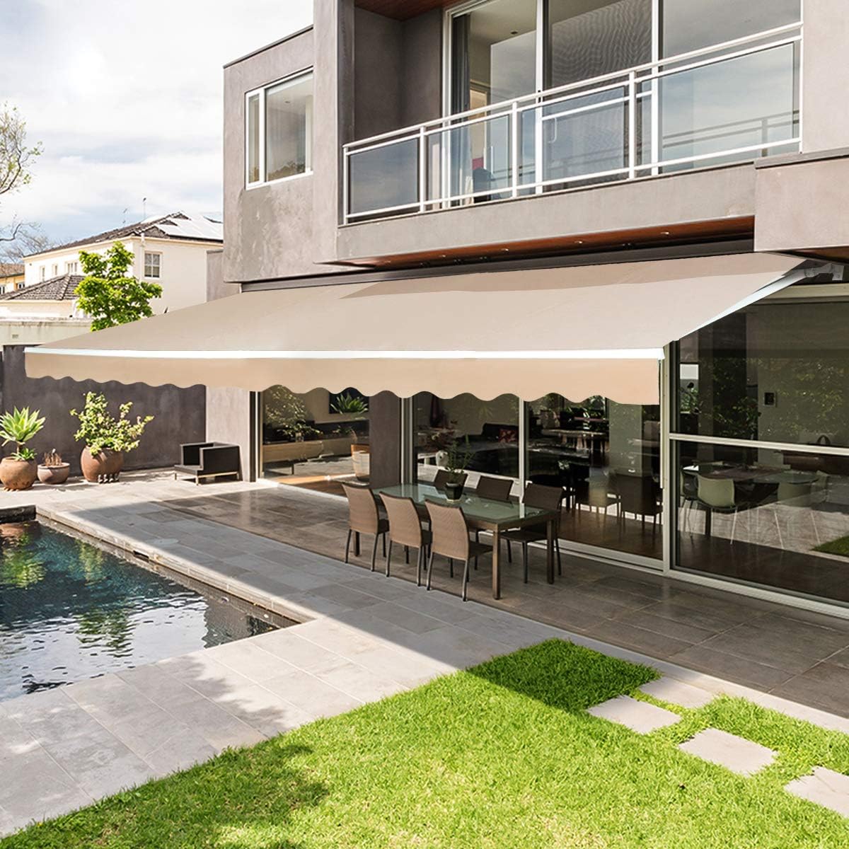 Beige Retractable Patio Awning with Manual Crank Handle O71820