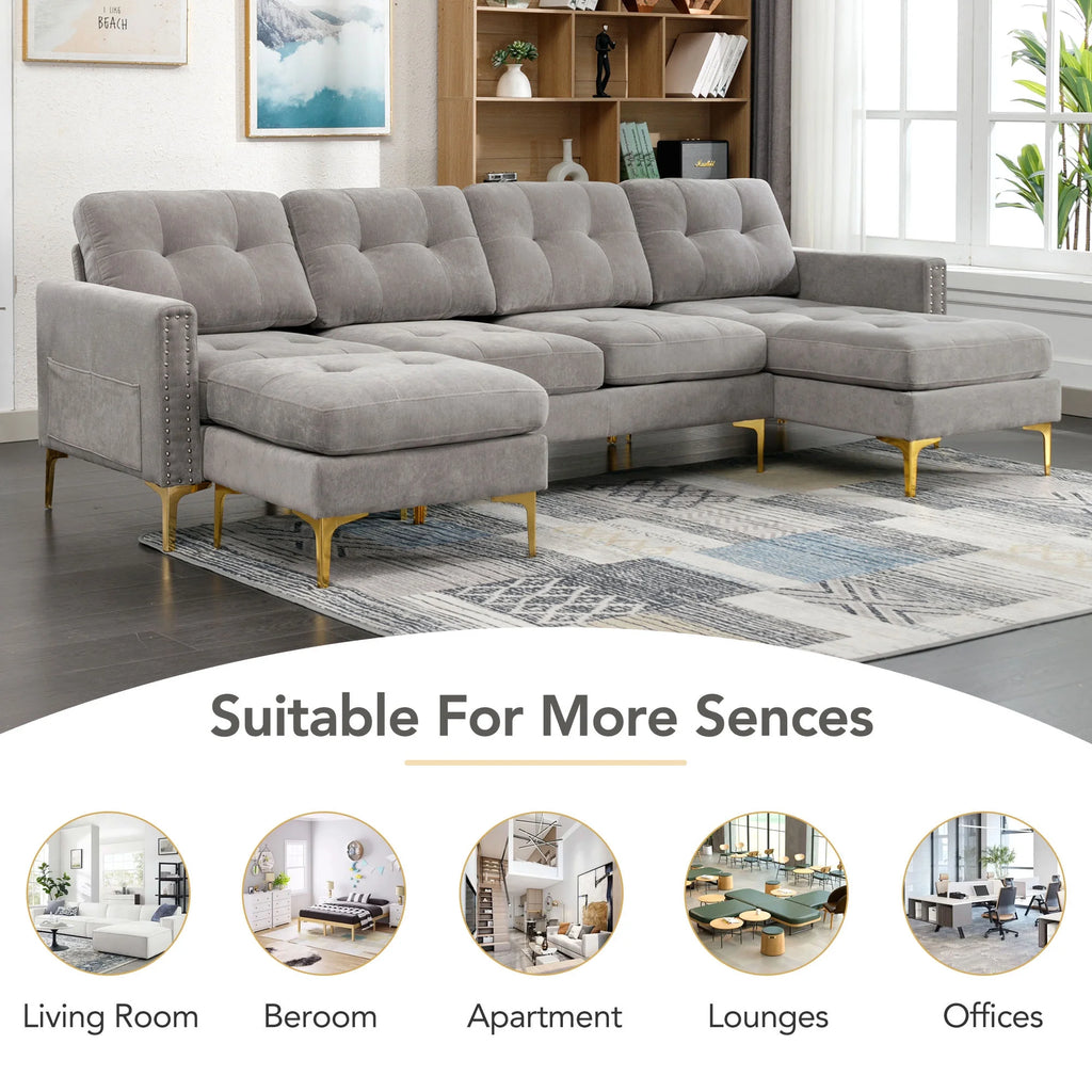 Gray 5 Seater U-Shaped Sectional Sofa with Ottoman, 110"x54" Q2776