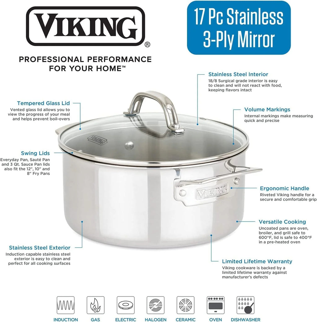 17pc Stainless Steel Cookware Set with Glass Lids Y759828