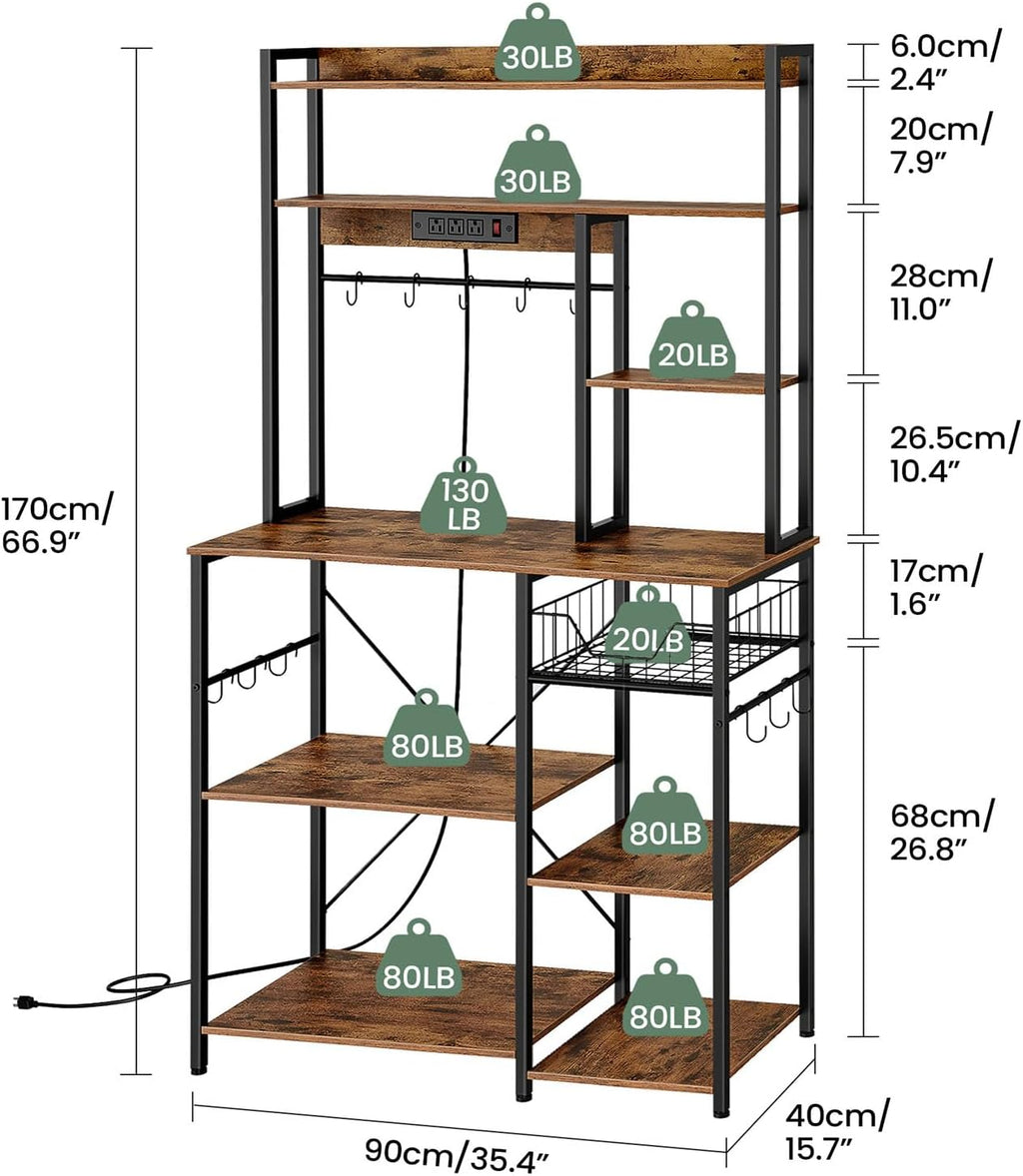 Rustic Brown and Black Floor Standing Bakers Rack with Power Outlet K65910