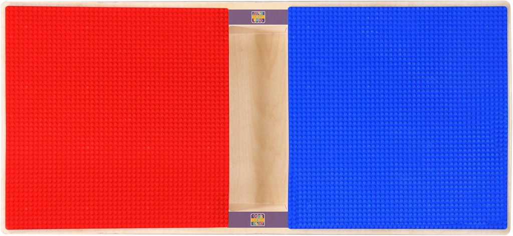 Montessori Play Table, Rectangular Birch Plywood Red & Blue Building Blocks Table with Trough and Wheels N993