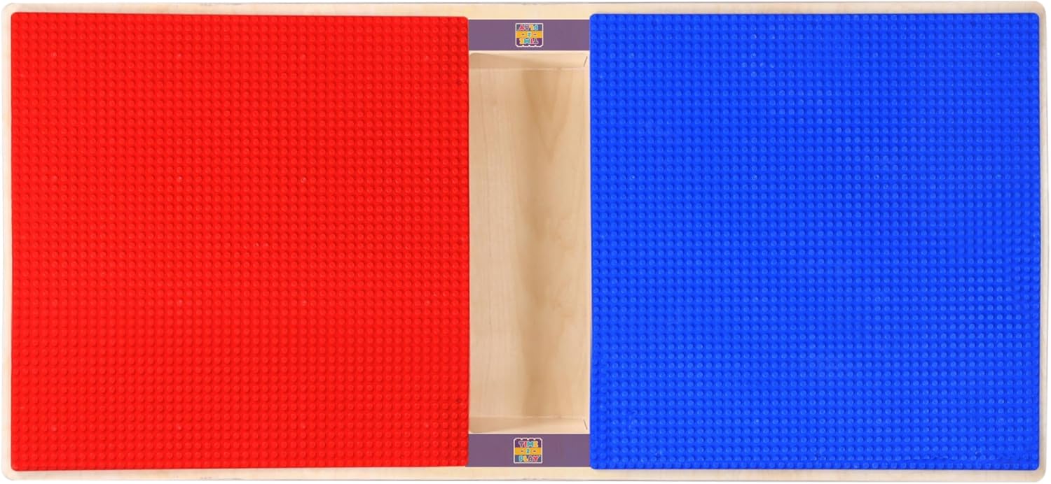 Montessori Play Table, Rectangular Birch Plywood Red & Blue Building Blocks Table with Trough and Wheels N993