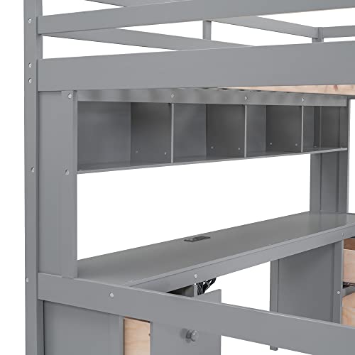 Gray Full Size Wooden Loft Bed with Desk and Storage, 4 Drawers & 4 Shelves R647919