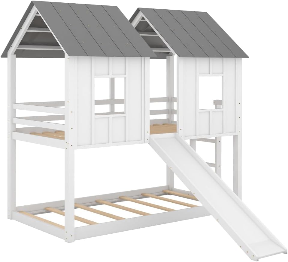 White Twin Over Twin Bunk Bed with Slide and Windows P644843