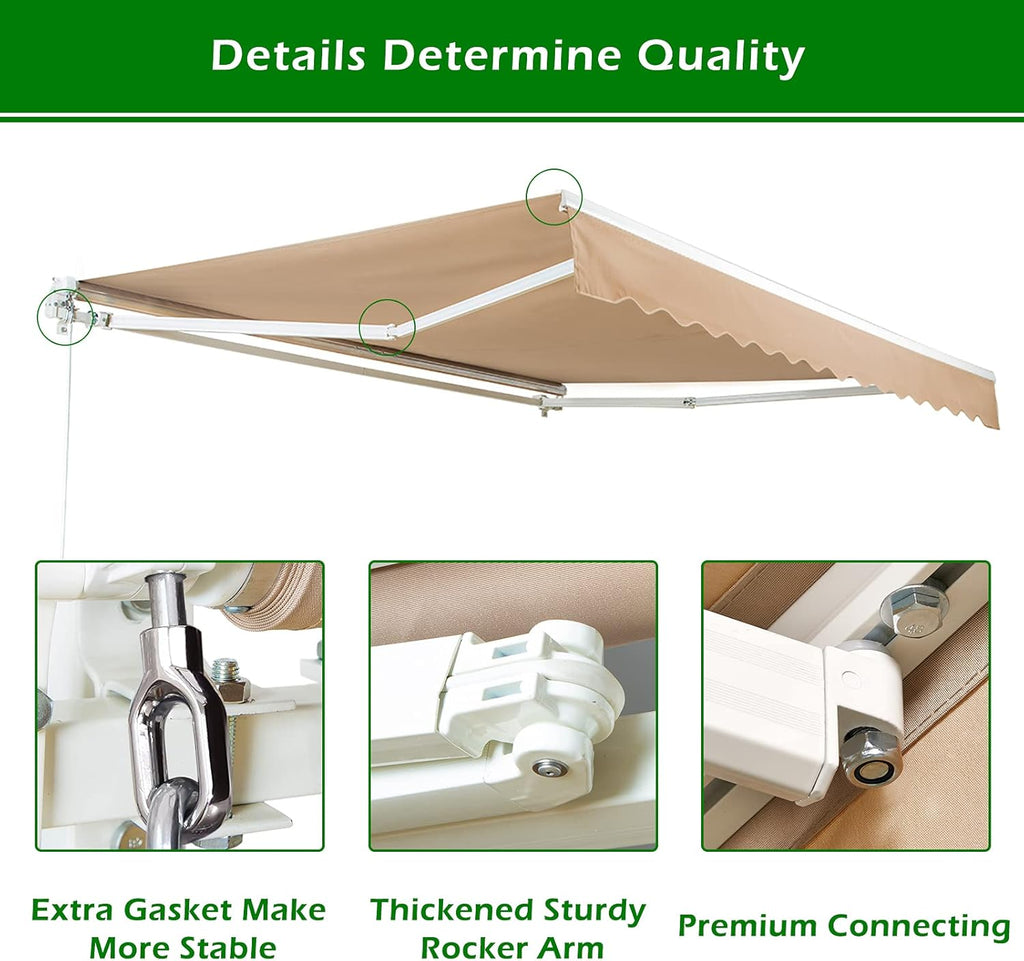 Beige Retractable Patio Awning with Manual Crank Handle O71820
