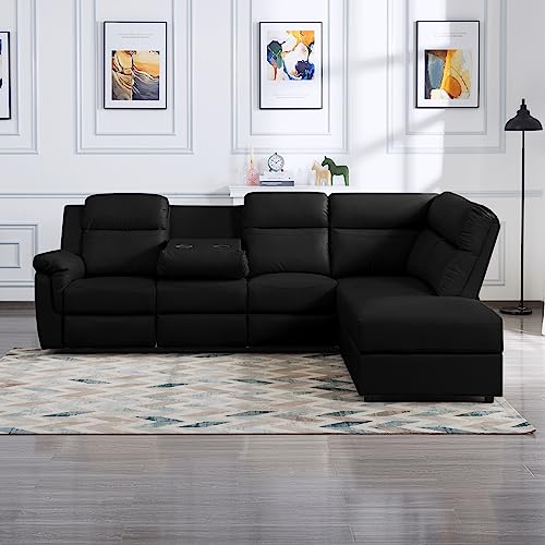 Beige L-Shaped PU Leather Reclining Sectional Sofa with Console Storage and Cup Holders R9076