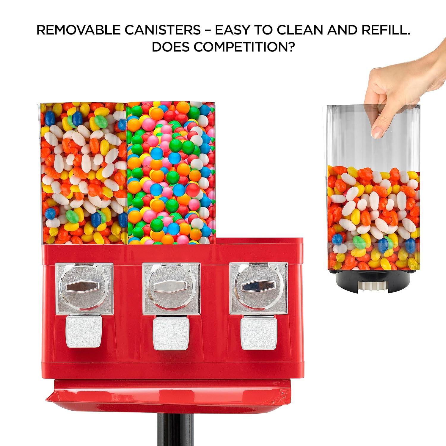 Triple Candy Vending Machine with 3 Removable Canisters and Quarter Coin Operated Anti-Theft Lock O318777