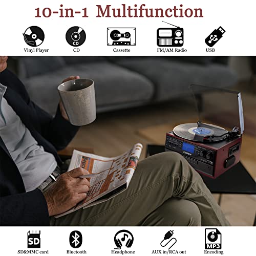 10 in 1 Bluetooth Record Player Turntable with CD Player Cassette AM/FM Radio Built in Speaker H7308