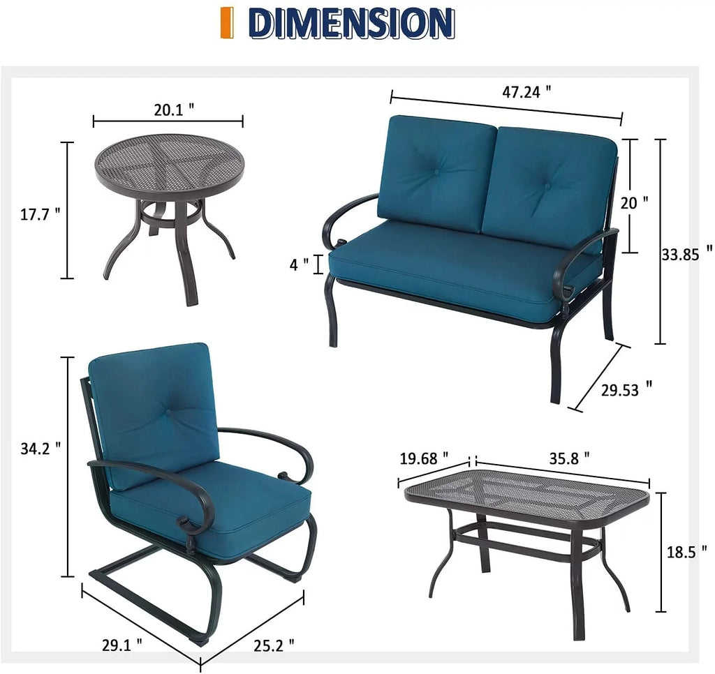 5-Piece Peacock Blue Outdoor Patio Metal Conversation Set with Tables X428