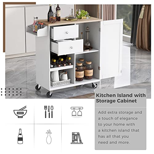 Kitchen Island Cart on Wheels with Storage, Rubberwood Top E22926