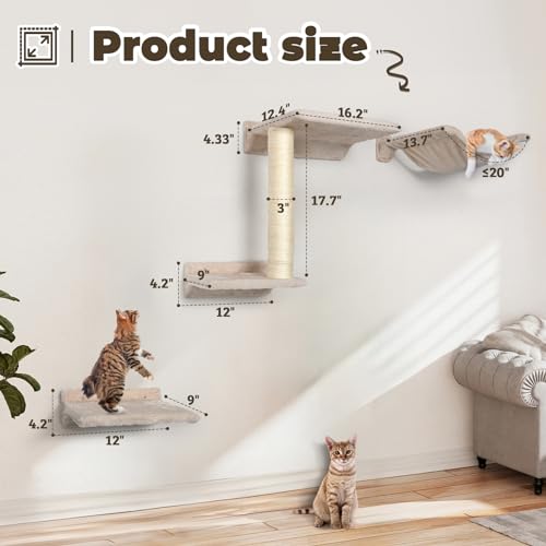 5 Pcs Wall-Mounted Cat Shelves with Sisal Scratcher Post H9401