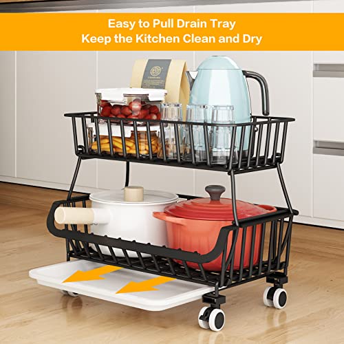 Black Metal Wire 4 Tier Stackable Fruit Vegetable Storage Cart with Wheels N364