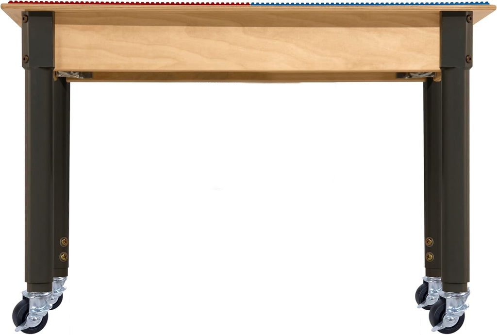 Montessori Play Table, Rectangular Birch Plywood Red & Blue Building Blocks Table with Trough and Wheels N993
