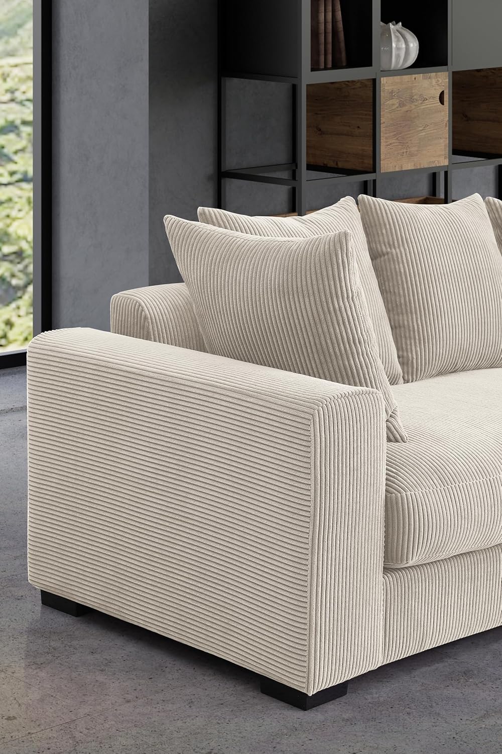 Beige Corduroy 3-Piece L Shaped Sectional Sofa with Ottoman and 6 Toss Pillows Z325