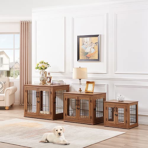 Double Doors Wooden Wire Dog Crate with Pet Bed Y73705