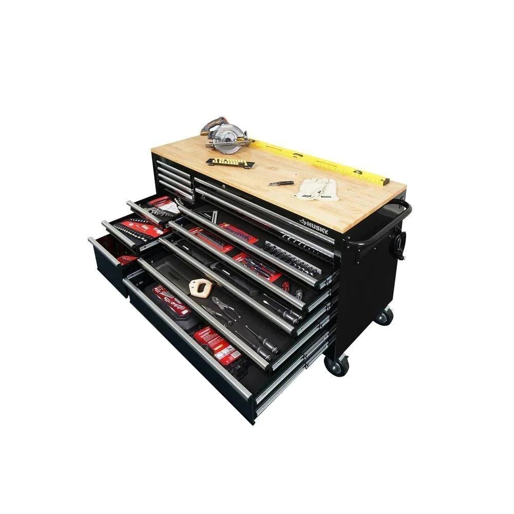 Black 14-Drawer Mobile Workbench with Solid Wood Top T254107