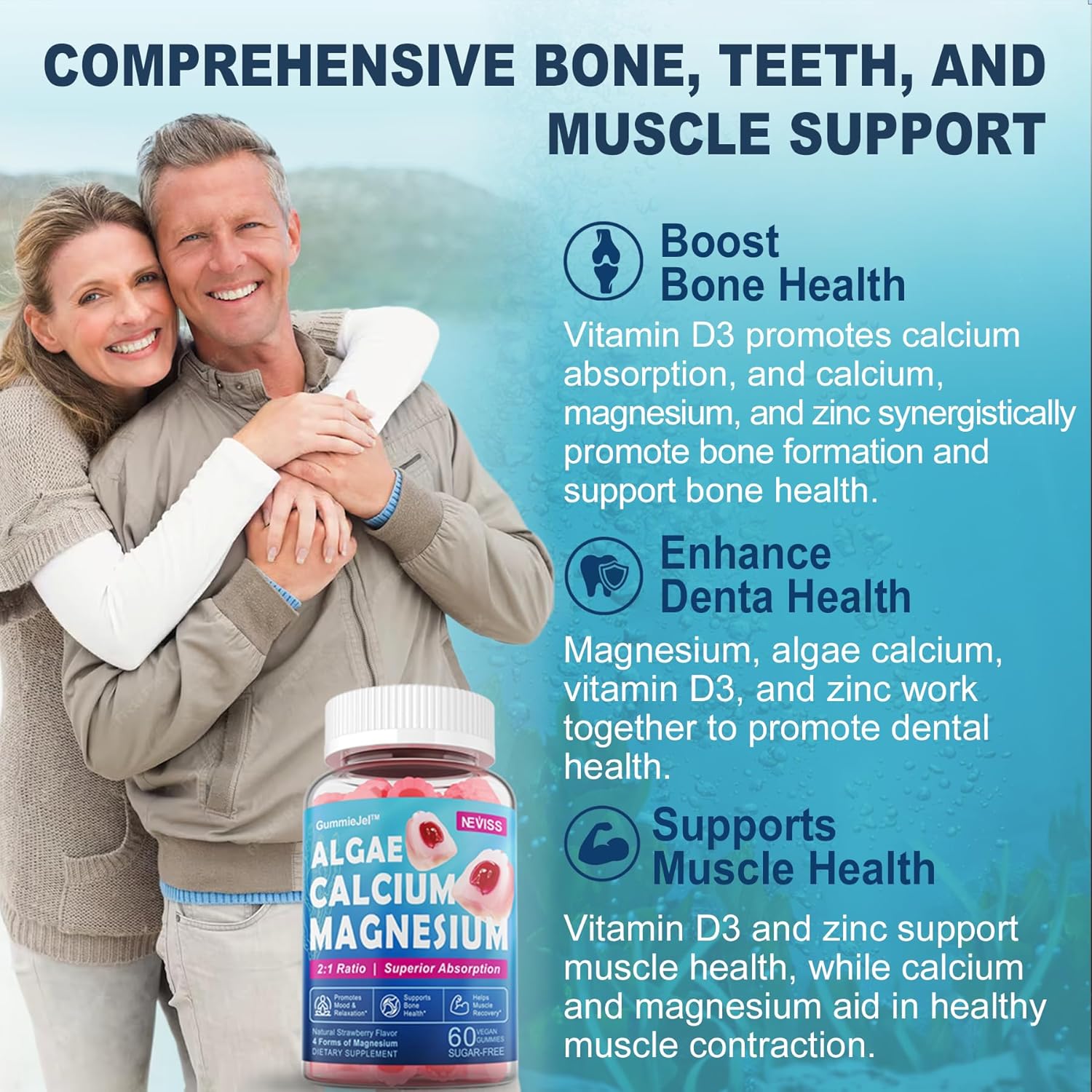 Calcium Supplement Gummy with Algae Calcium 600mg, Magnesium 300mg, Zinc, D3 & B12 Complex, 1Pack F11050
