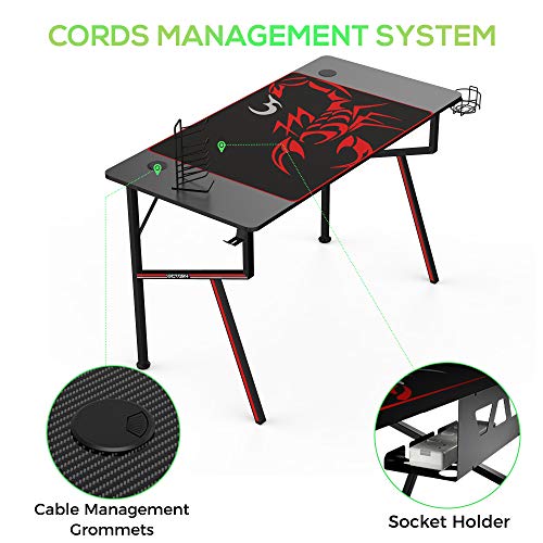 Black 47 Inch Gaming Desk with Mouse Pad Headset Hook Cup Holder Controller Stand P3167