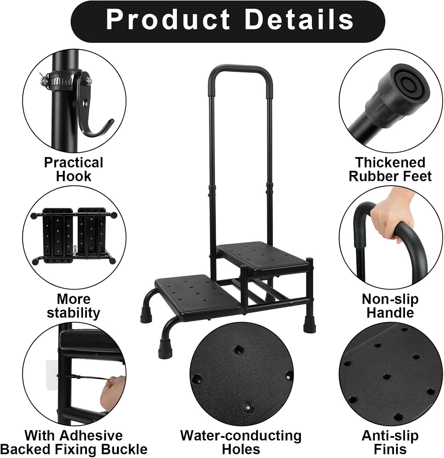 2 Step Stool with Handle, Heavy Duty Step Stool with 4 Fixing Buckle and Adjustable Handrail J413