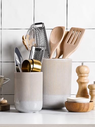Set of 2 Ceramic Kitchen Utensil Holder, Glaze Marble Gray Y155