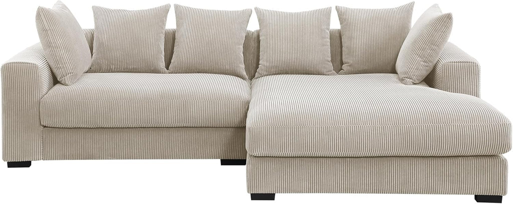 Beige Corduroy 3-Piece L Shaped Sectional Sofa with Ottoman and 6 Toss Pillows Z325