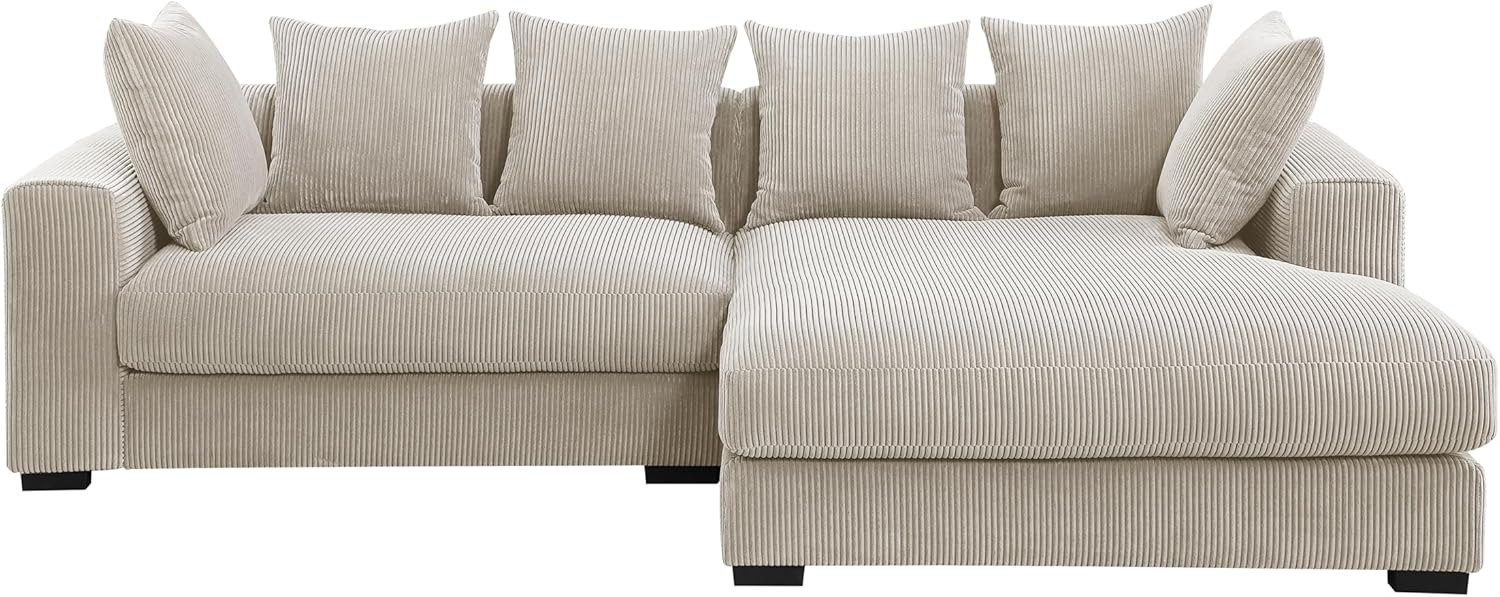 Beige Corduroy 3-Piece L Shaped Sectional Sofa with Ottoman and 6 Toss Pillows Z325