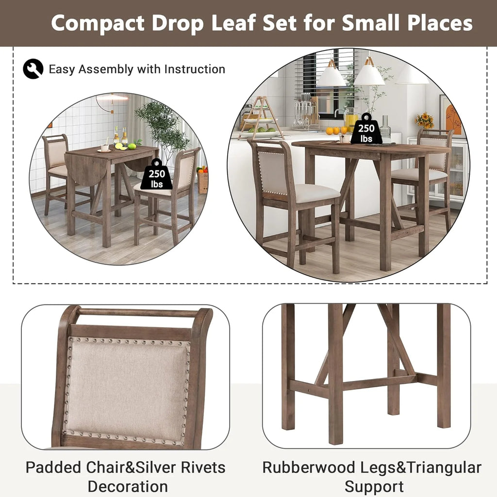 3 Piece Counter Height Drop Leaf Dining Table with 2 Padded Chairs, Brown F101