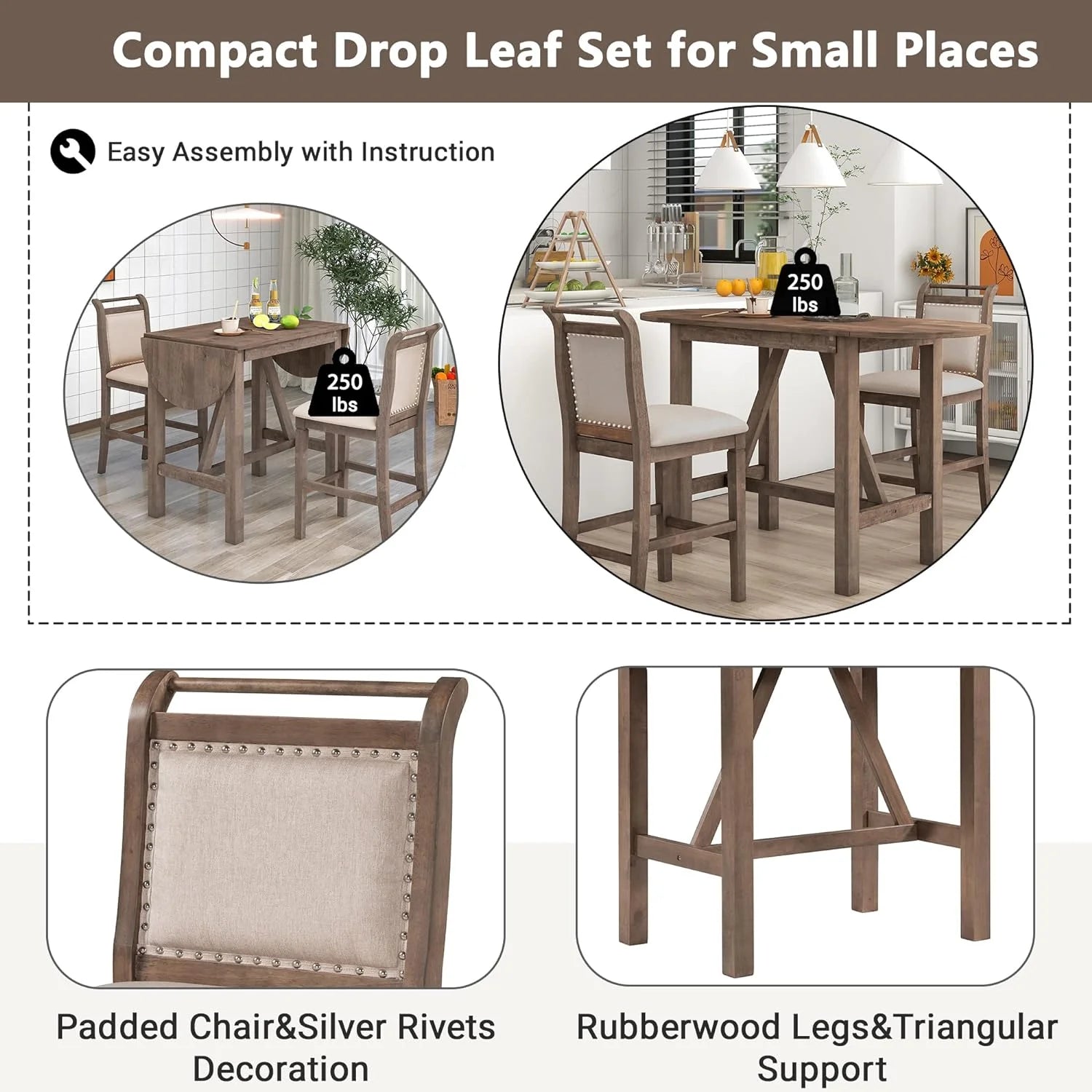 3 Piece Counter Height Drop Leaf Dining Table with 2 Padded Chairs, Brown F101