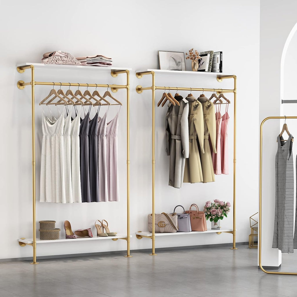 Industrial Pipe Clothing Rack with 2-tier Wooden Shelves Gold W548