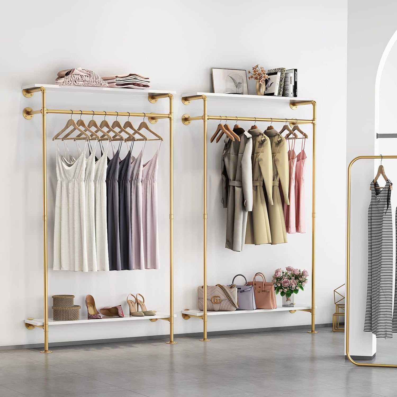 Industrial Pipe Clothing Rack with 2-tier Wooden Shelves Gold W548