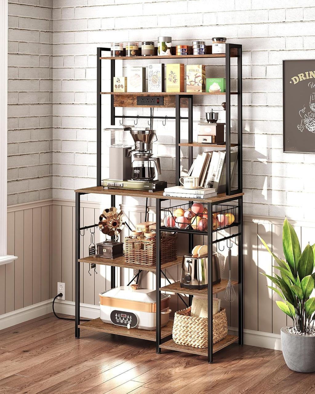 Rustic Brown and Black Floor Standing Bakers Rack with Power Outlet K65910