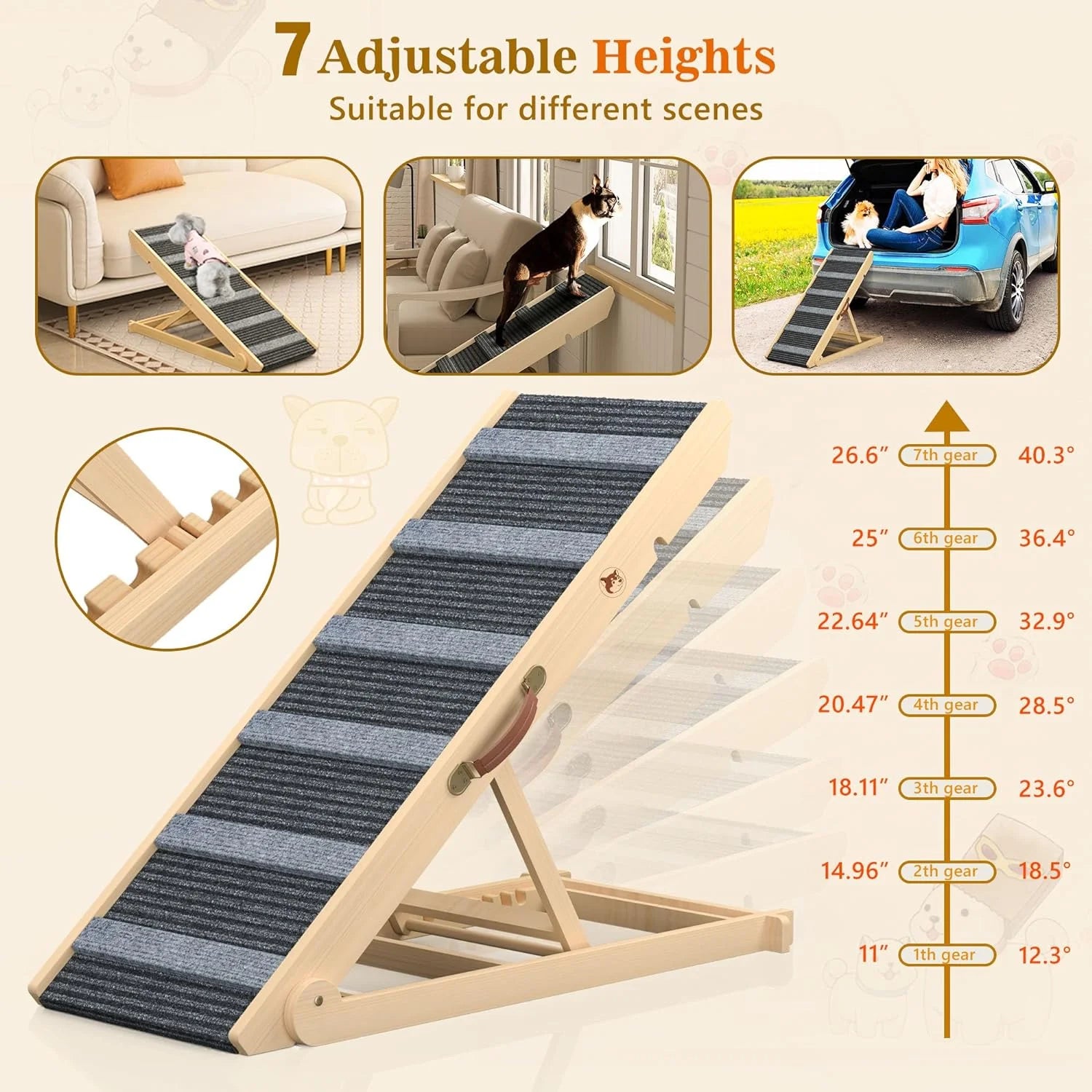 Portable Pet Ramp with 7 Adjustable Heights, Non-Slip W742