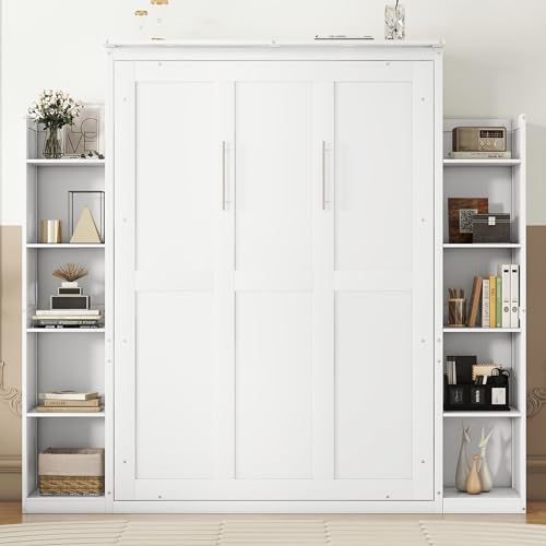Queen Size Wood Murphy Bed with Shelves and LED Lights, Grey L70062