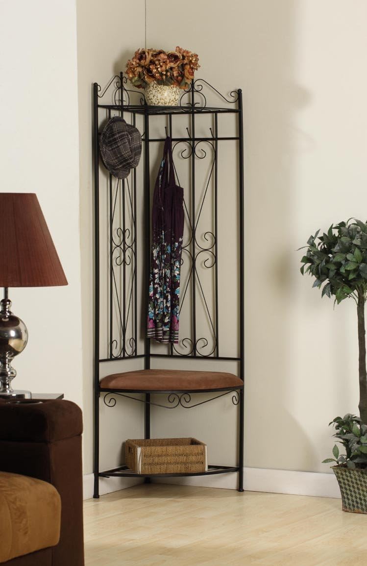 Black/Brown 6 Hook Corner Hall Tree with Bench & Shoe Storage W909