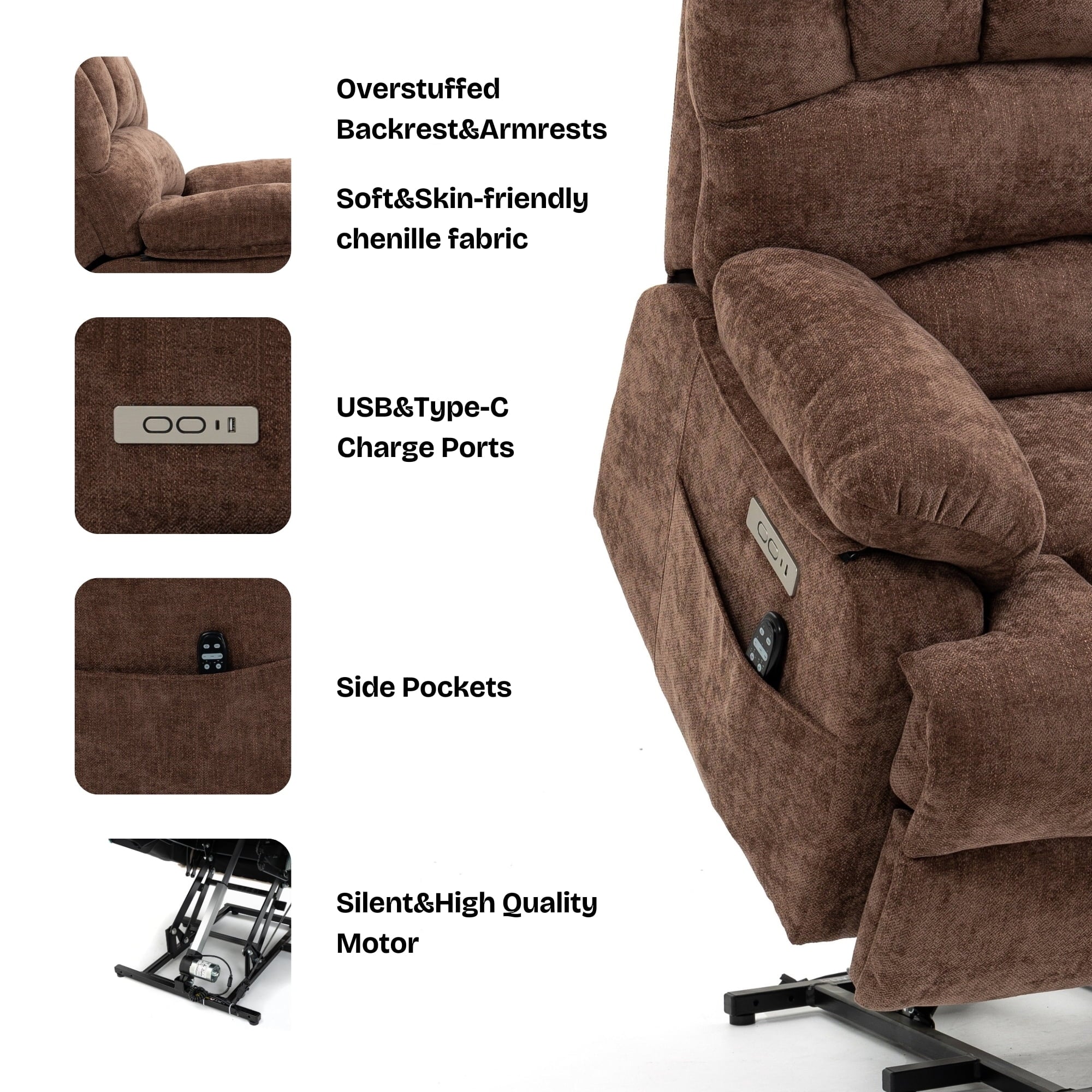 Brown Chenille Power Lift Recliner Chair with Massage and USB Port Y77143