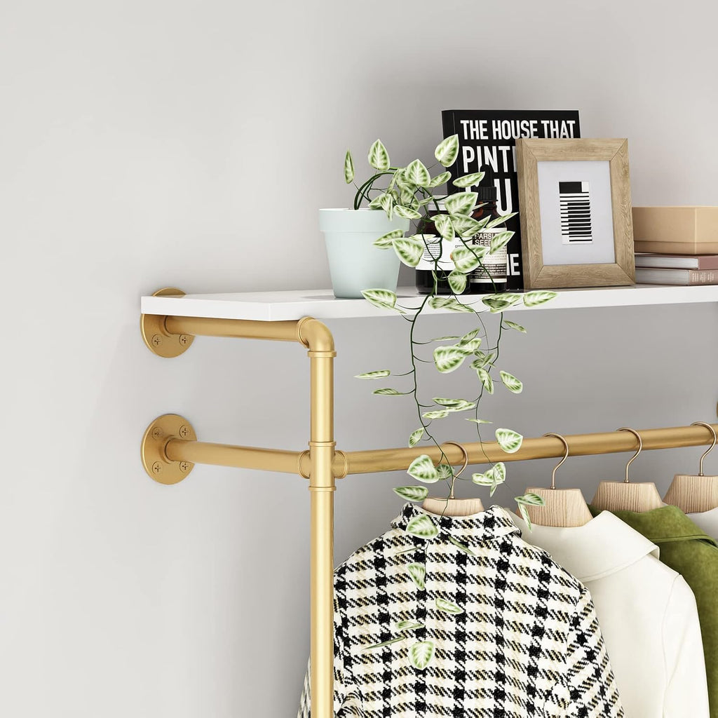 Industrial Pipe Clothing Rack with 2-tier Wooden Shelves Gold W548