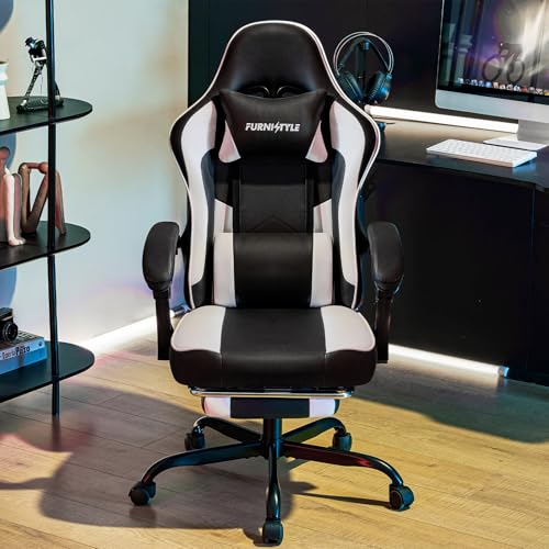 Black/White Ergonomic Leather Gaming Chair with Footrest O485
