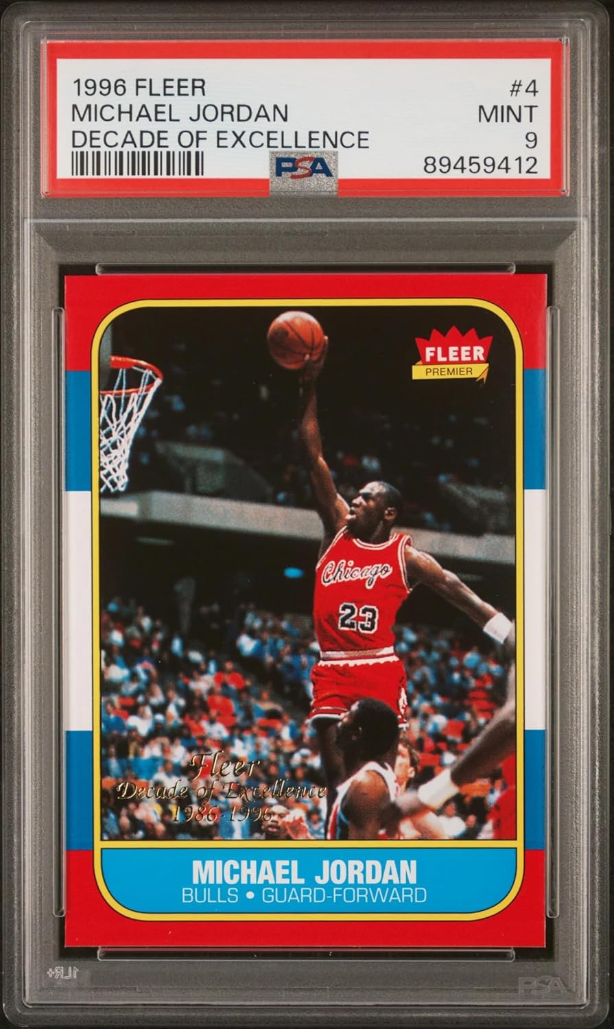 1996 Fleer Michael Jordan #4 Decade of Excellence Rookie Reprint Basketball Card PSA 9 Mint O748