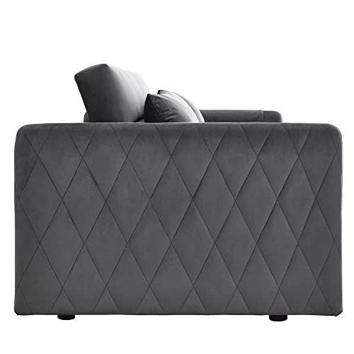 Blue Velvet Convertible Sleeper Sofa Bed with 2 Pillows W57899