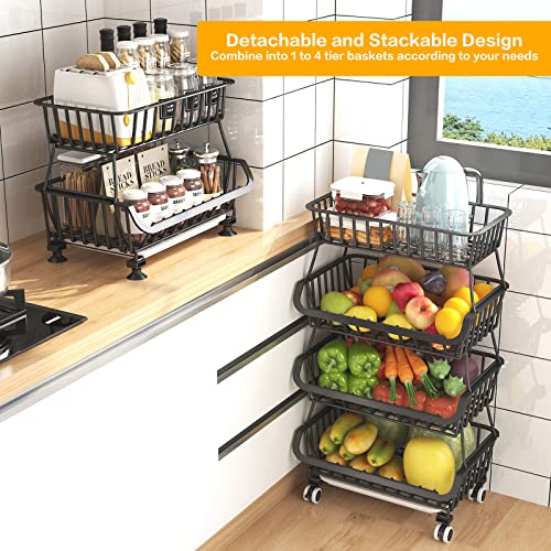 Black Metal Wire 4 Tier Stackable Fruit Vegetable Storage Cart with Wheels N364