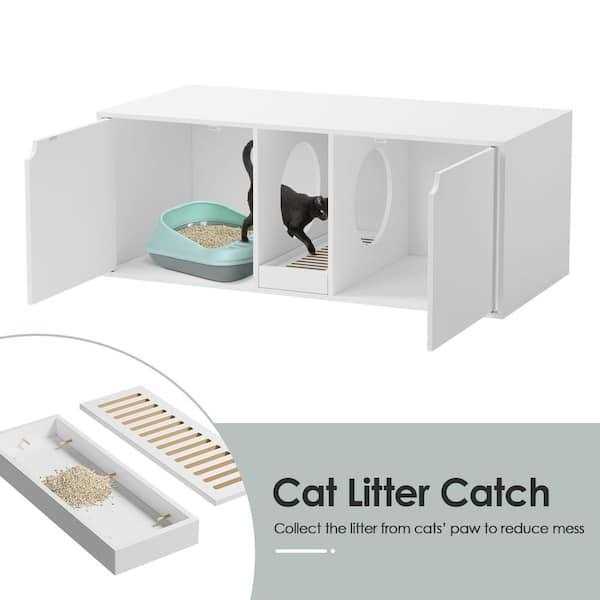 White Wood Side End Table Cat Litter Box with Double Room E14812