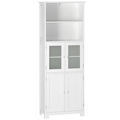 White Tall Bathroom Storage Cabinet with 2 Open Compartments and 2 Cabinets with Doors A5573