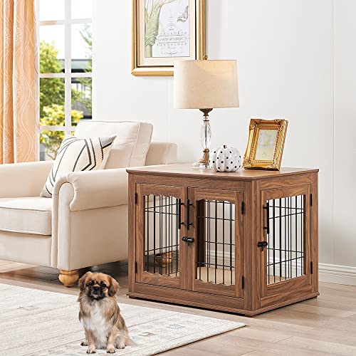 Double Doors Wooden Wire Dog Crate with Pet Bed Y73705
