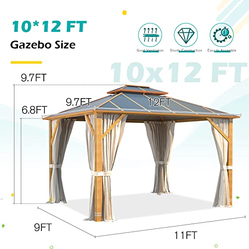 10' x 12' Hardtop Gazebo with Galvanized Steel Double Roof, Aluminum Frame, Netting and Curtains P431