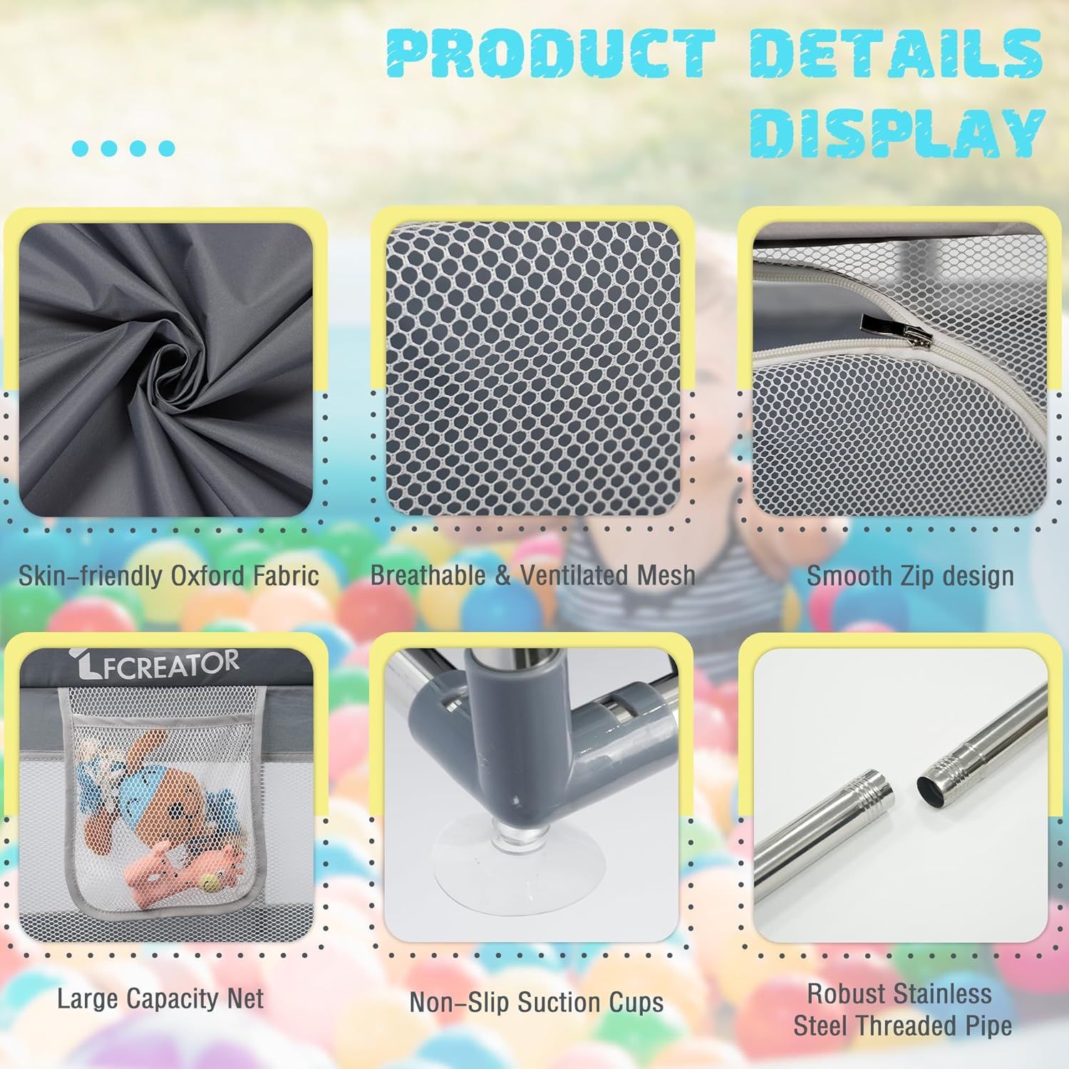 Large Square Baby Playpen with Breathable Mesh 50"x50" Grey L7090