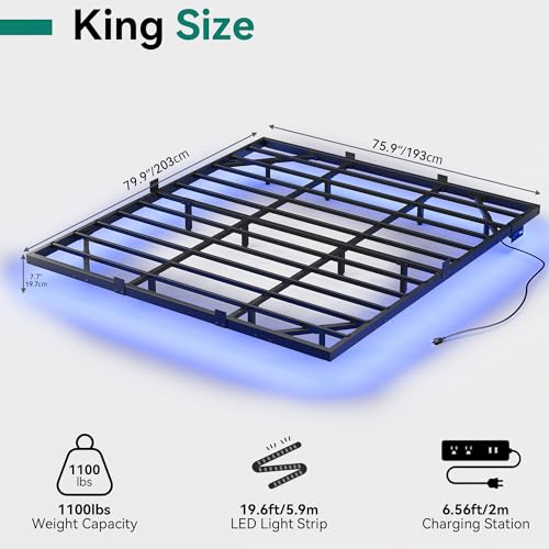 Black Metal Full Size LED Bed Frame with Charging Station S4471