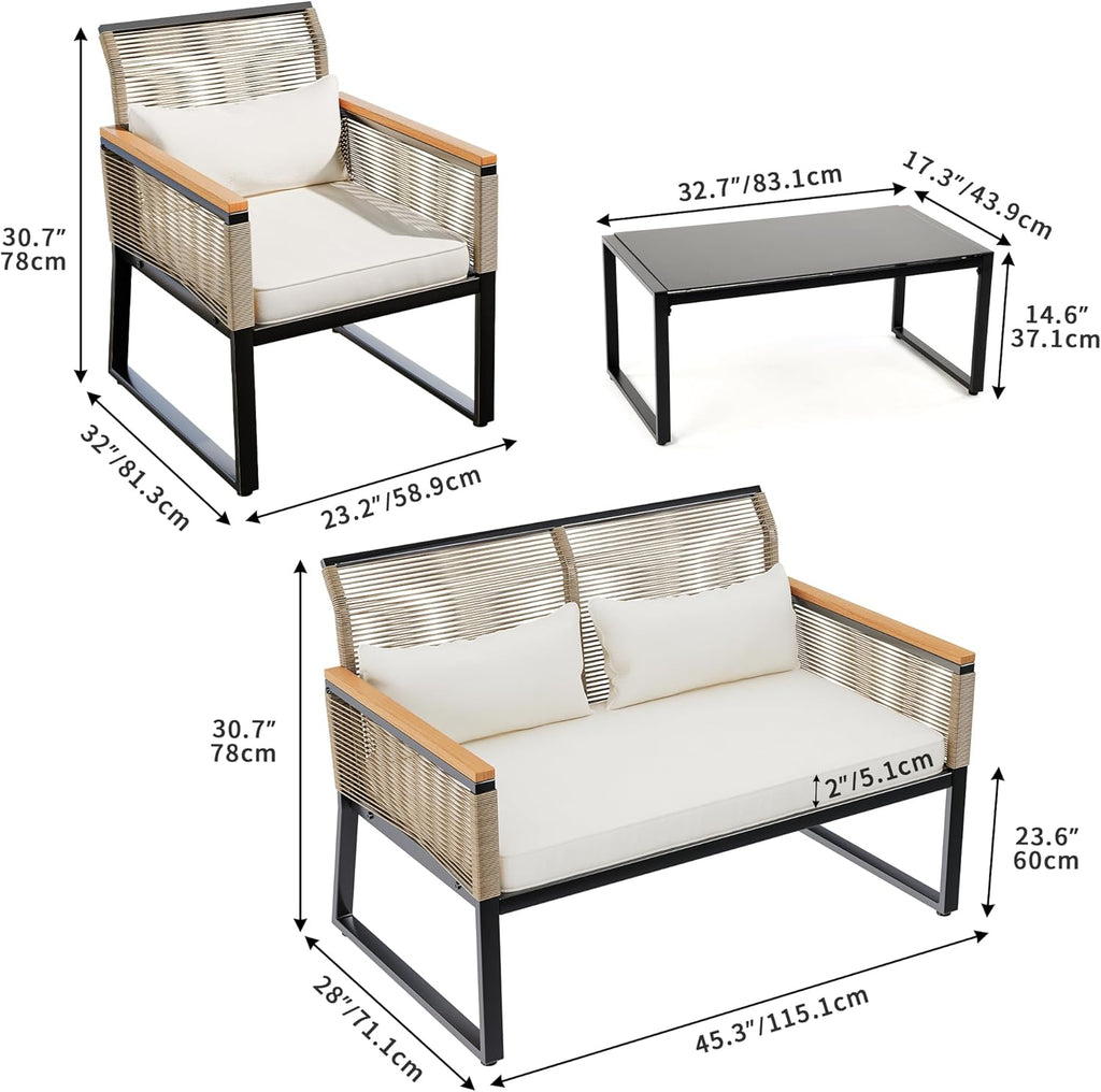 4-Piece All Weather Rattan Conversation Loveseat with Gray Cushions and Metal Coffee Table Y69445