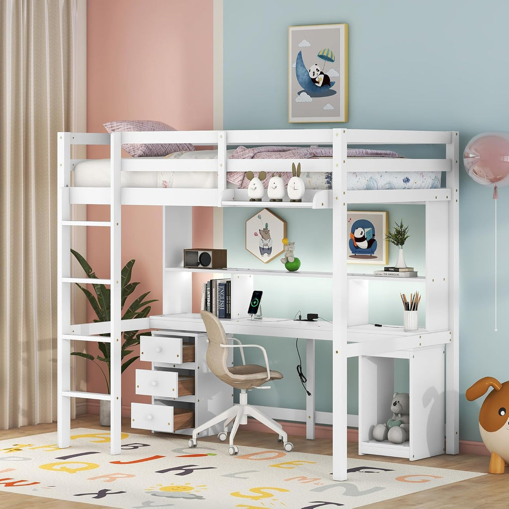 White Full Size Loft Bed with Multi-Storage Desk, LED Light, Bedside Tray, Charging Station, and 3 Drawers X664540
